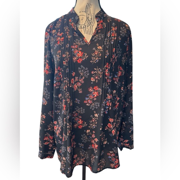 Joan Rivers Floral Blouse Pleated Black Sheer Flowers Mandarin Collar Sz 8 - Picture 1 of 16